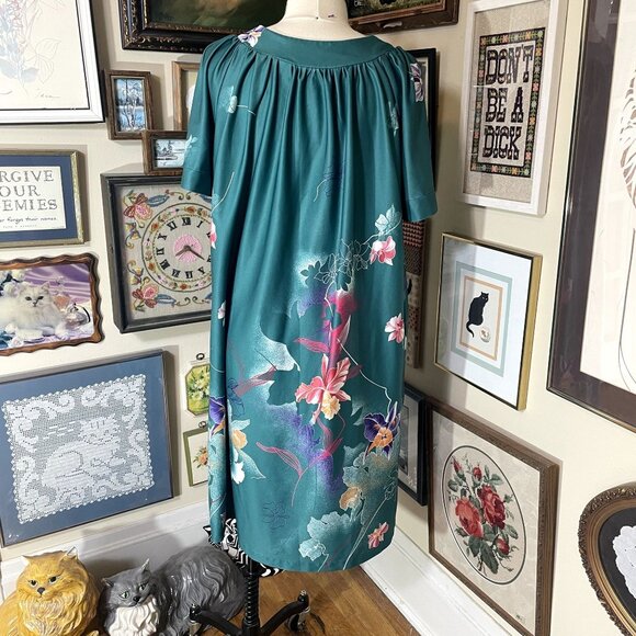 80s Vintage Sears At Home Green and Pink Orchid Print Patio Dress MuuMuu OSFM - Picture 4 of 5
